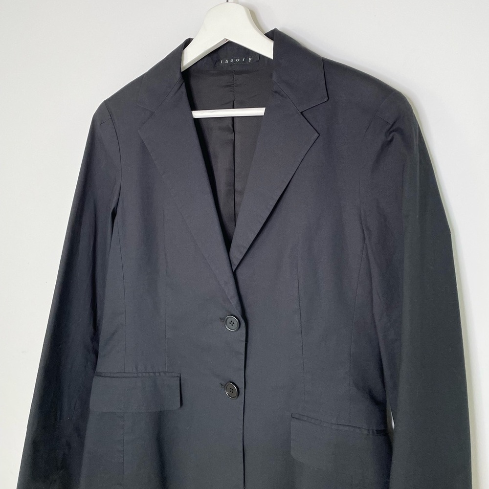 Blazer | Theory Black Single-Breasted Tailored | Minimalist Cotton Classic | 6 - Picture 3 of 14